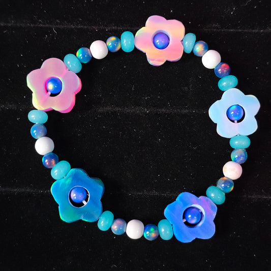 Pink & Blue Flower Lab-Created Opal & Crystal Stretchy Bracelet